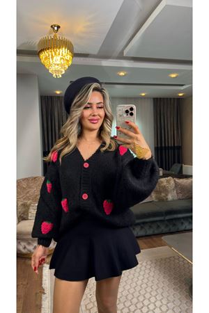 dilvin v yaka çilek nakışlı balon kol hırka-siyah