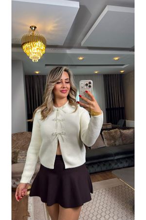 dilvin incili fiyonk aksesuarlı triko hırka-ekru