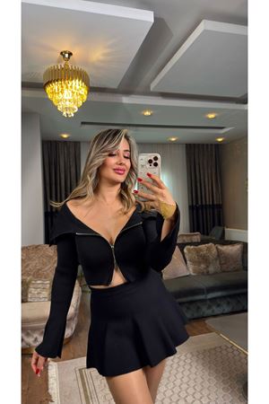 dilvin bardot yaka kol yırtmaç detaylı fermuarlı triko hırka-siyah