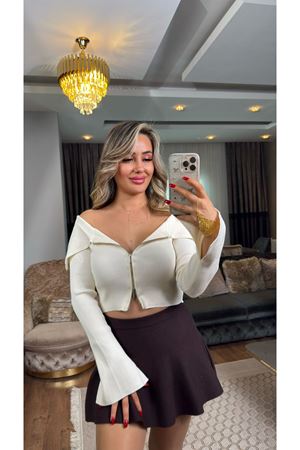 dilvin bardot yaka kol yırtmaç detaylı fermuarlı triko hırka-ekru