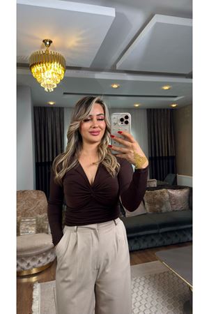 v yaka düğümlü bluz-acıkahve