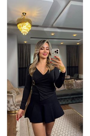 toka detay kruvaze bluz-siyah