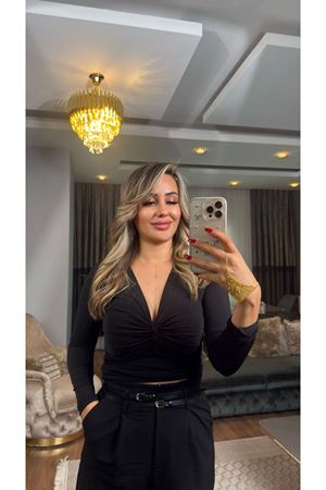 v yaka düğümlü bluz-siyah