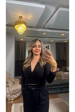 v yaka düğümlü bluz-siyah