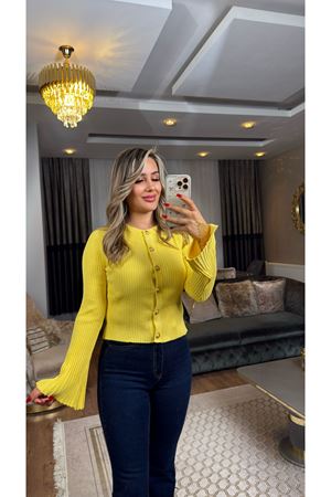 dilvin bisiklet yaka gold düğmeli ispanyol kol triko hırka-sarı