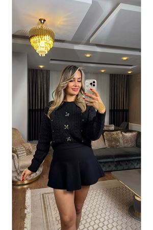 dilvin bisiklet yaka önü taş işlemeli kazak-siyah