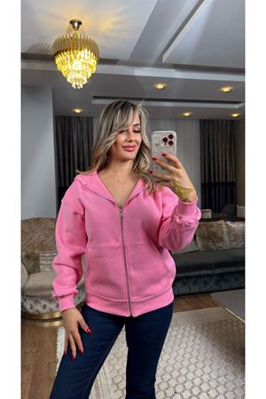 3 ip fermuarlı kapşonlu ceket-pembe