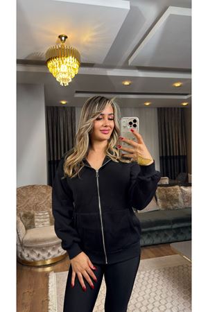 3 ip fermuarlı kapşonlu ceket-siyah