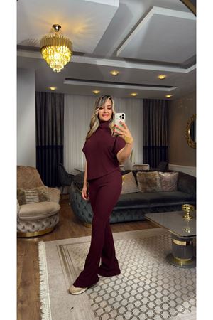 dilvin asimetrik fitilli örme takım-bordo