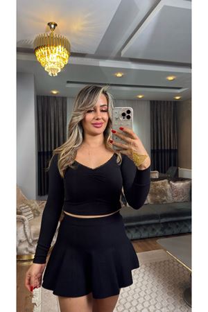 dilvin dantel şeritli uzun kollu bluz-siyah