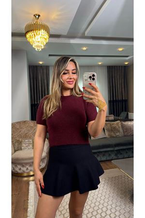 dilvin bisiklet yaka yumuşak dokulu kısa kol triko kazak-bordo