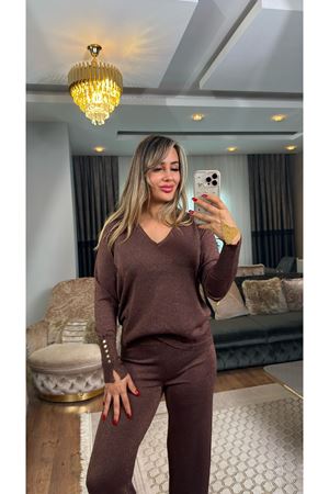 simli v yaka takım-kahve