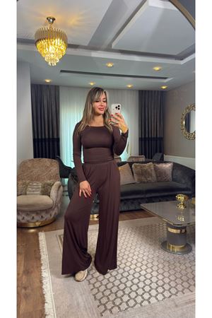 kayık yaka yumuşak takım-kahve