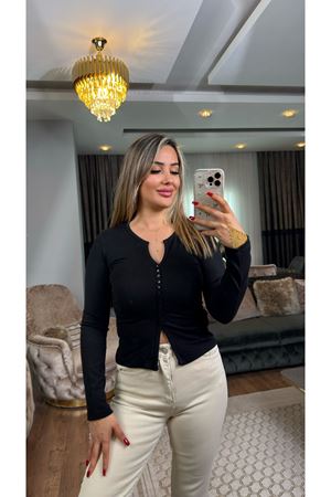 dilvin düğme detaylı büzgülü bluz-siyah