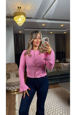 dilvin bisiklet yaka gold düğmeli ispanyol kol triko hırka-pembe