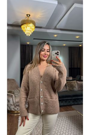 dilvin v yaka taş düğmeli cepli yumuşak dokulu triko hırka-vizon