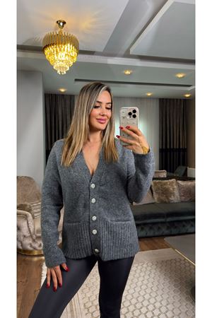 dilvin v yaka taş düğmeli cepli yumuşak dokulu triko hırka-antrasit