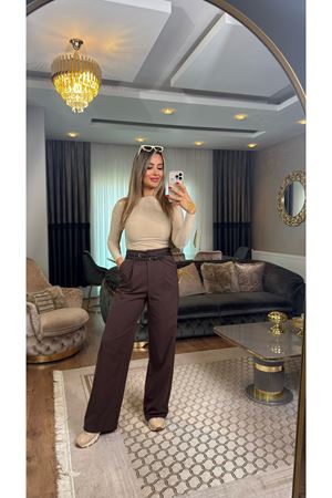 dilvin çift kemerli yüksek bel kumaş pantolon-acıkahve