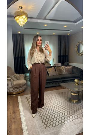 gold düğmeli arka lastikli palazzo kumaş pantolon-acıkahve