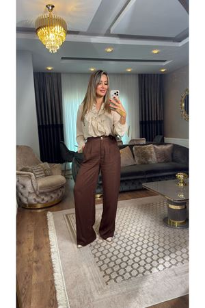 gold düğmeli arka lastikli palazzo kumaş pantolon-acıkahve