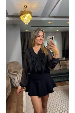 önü fırfırlı şifon gömlek-siyah