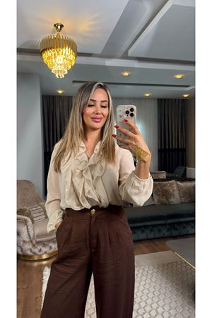 önü fırfırlı şifon gömlek-bej