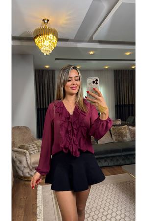 önü fırfırlı şifon gömlek-mürdüm