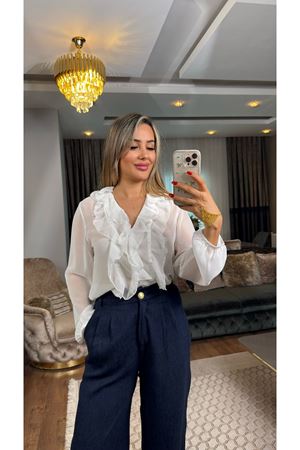 önü fırfırlı şifon gömlek-ekru