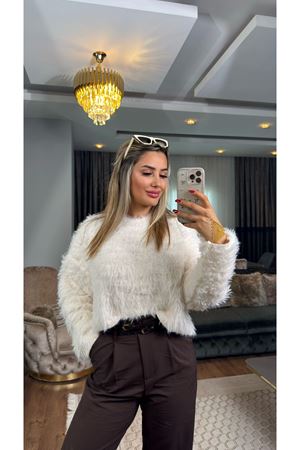 tüylü triko kazak-ekru