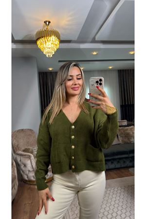 gold düğmeli cepli triko hırka-zümrüt