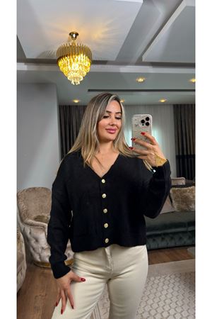 gold düğmeli cepli triko hırka-siyah