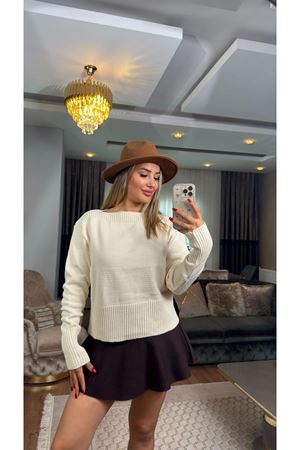 kayık yaka triko kazak-krem