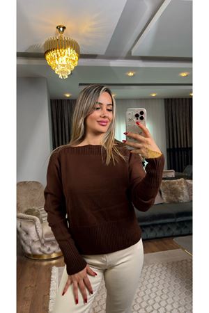 kayık yaka triko kazak-acıkahve