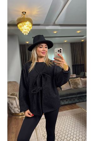 bağlamalı kaşe ceket-siyah