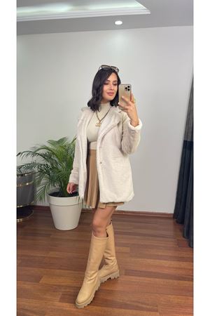 önü cepli peluş kürk- taş