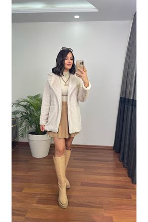 önü cepli peluş kürk- taş