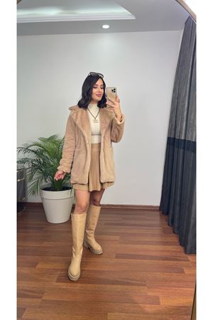 önü cepli peluş kürk- bej