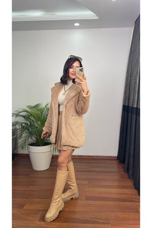 önü cepli peluş kürk- bej