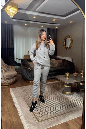 3 iplik şardonlu kanguru cepli takım-gri