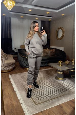 3 iplik şardonlu kanguru cepli takım-füme