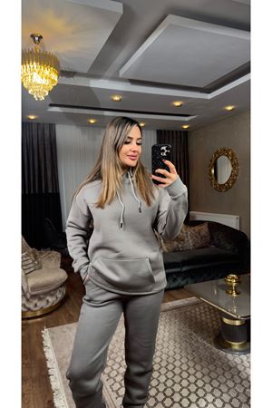 3 iplik şardonlu kanguru cepli takım-füme