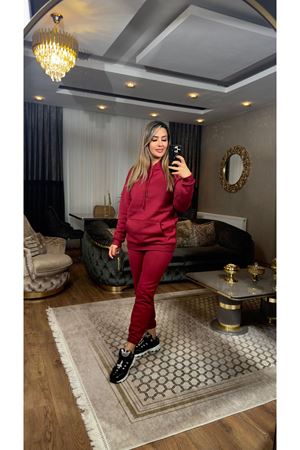 3 iplik şardonlu kanguru cepli takım-bordo