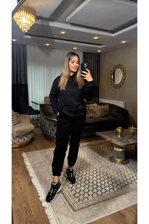 3 iplik şardonlu kanguru cepli takım-siyah