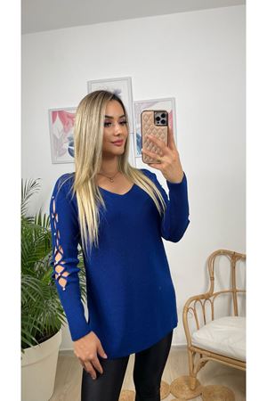 KOLU TAŞ İŞLEMELİ KAZAK -MAVİ