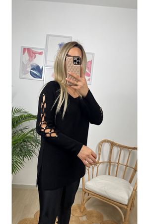 KOLU TAŞ İŞLEMELİ KAZAK -SİYAH 