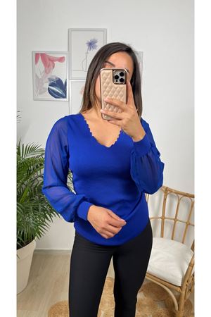 kolu şifon merdiven yaka bluz-saks 