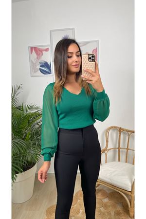 kolu şifon merdiven yaka bluz-zümrüt  