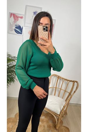 kolu şifon merdiven yaka bluz-zümrüt  