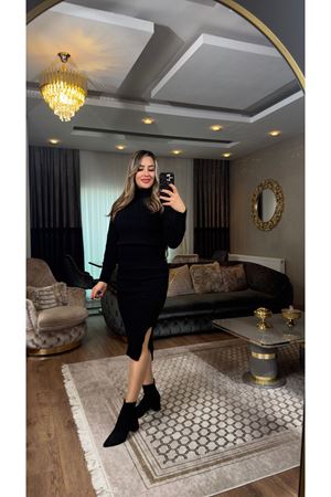 boğazlı triko etekli takım-siyah