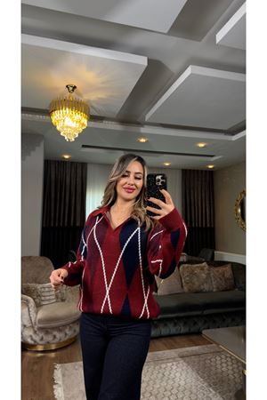 polo yaka baklava desen triko kazak-bordo